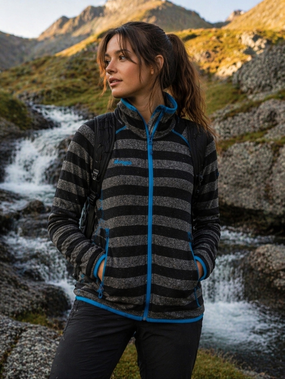 BERGANS OF NORWAY Sweater Jacket Womens Medium Gray Black Stripe Wool Outdoor